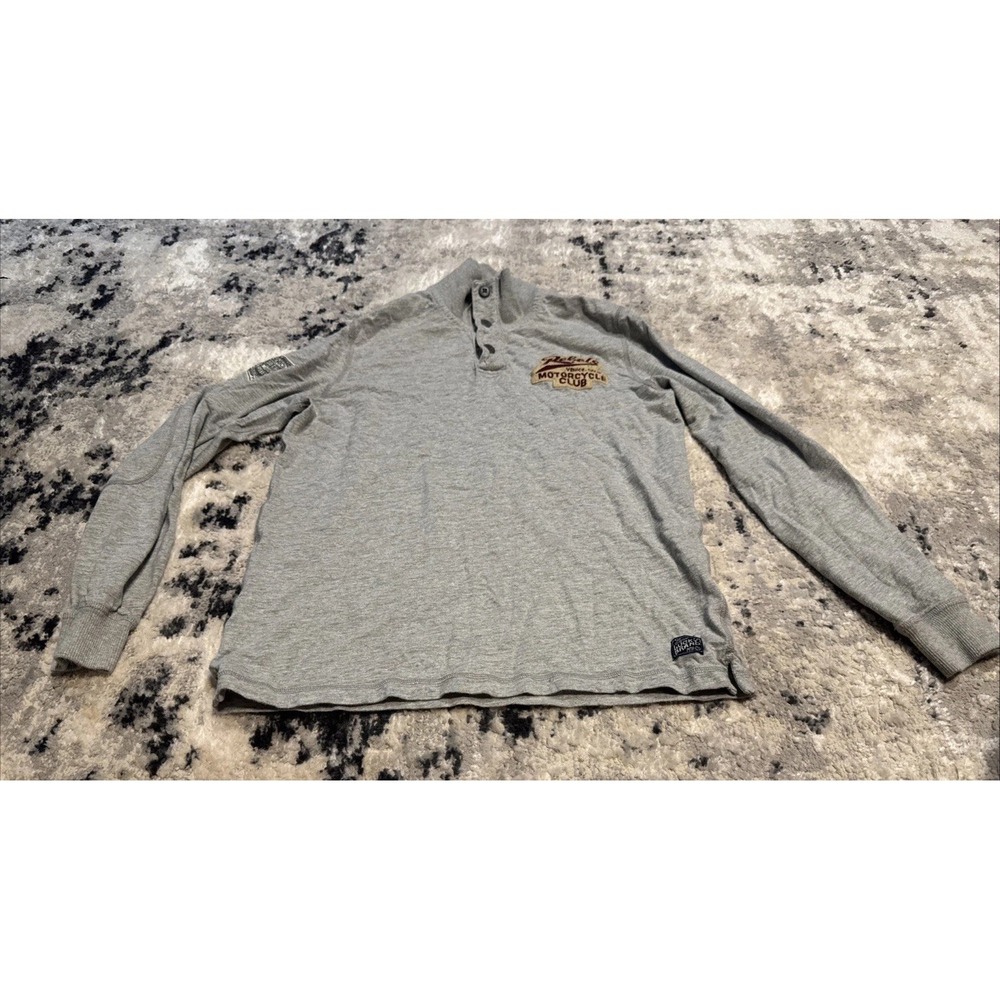 Lucky Brand Rebels Mens Sz Large 1/4 Button Pullover Gray Long Sleeve Motorcycle